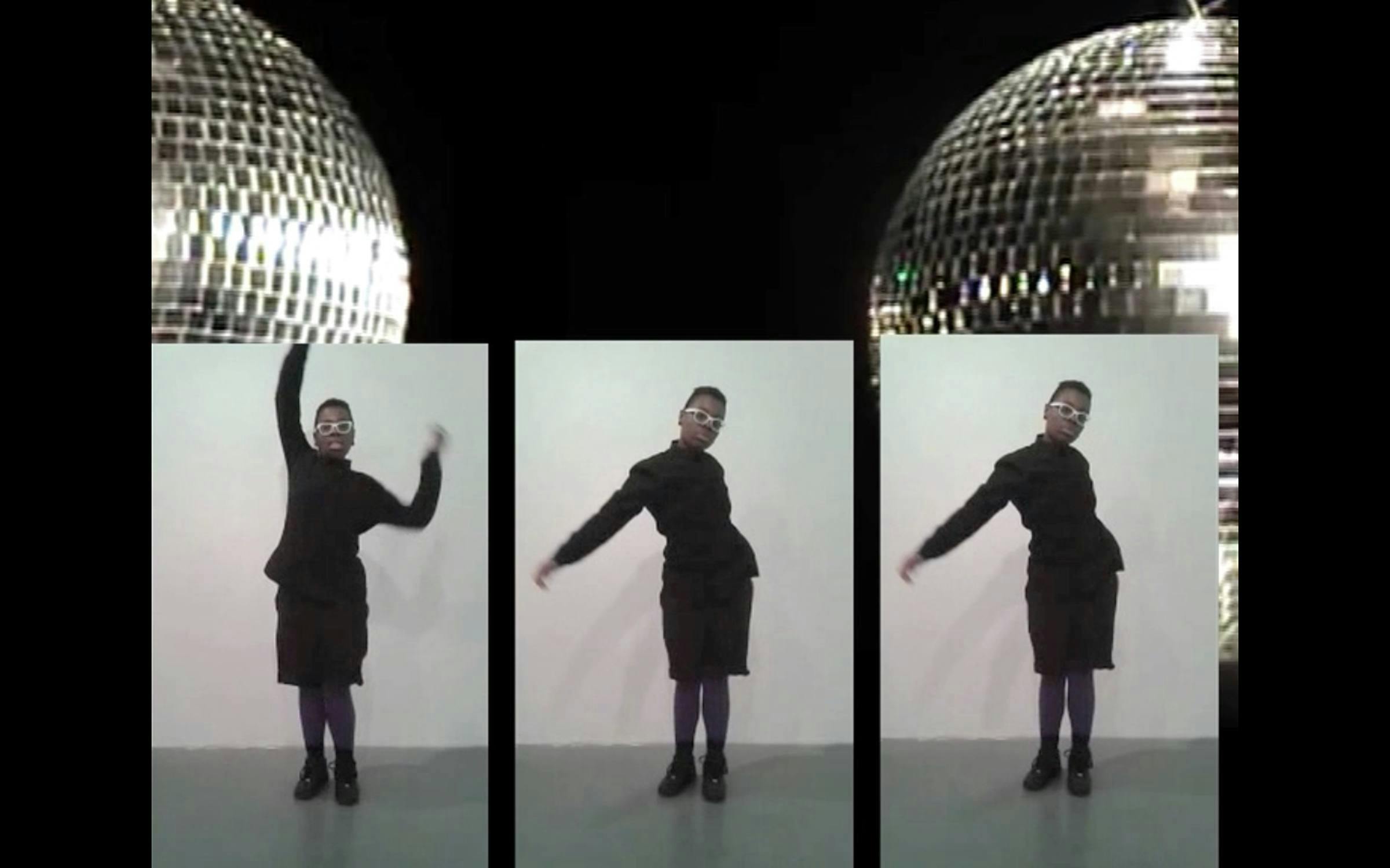 Three portrait images of the same person wearing black clothes wearing white glasses with their arms in different positions as if they are dancing. The images are superimposed on top of another image of two disco balls on a black background.