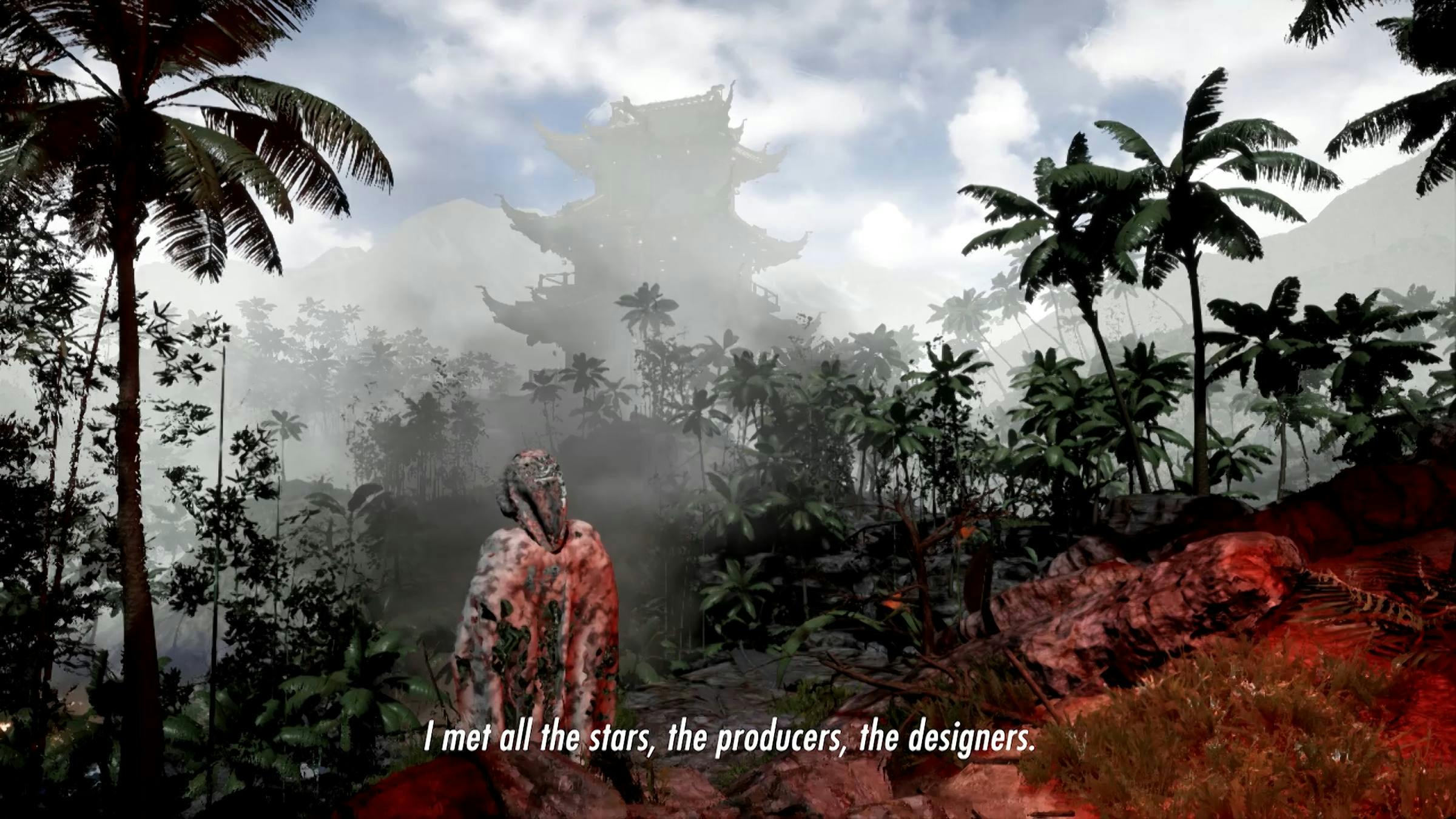 Computer generated image with a figure kneeling in the foreground on rock that has a red light shining on it. There are trees and mist behind the figure. The words 'I met all the stars, the producers, the designers.' are superimposed on top.