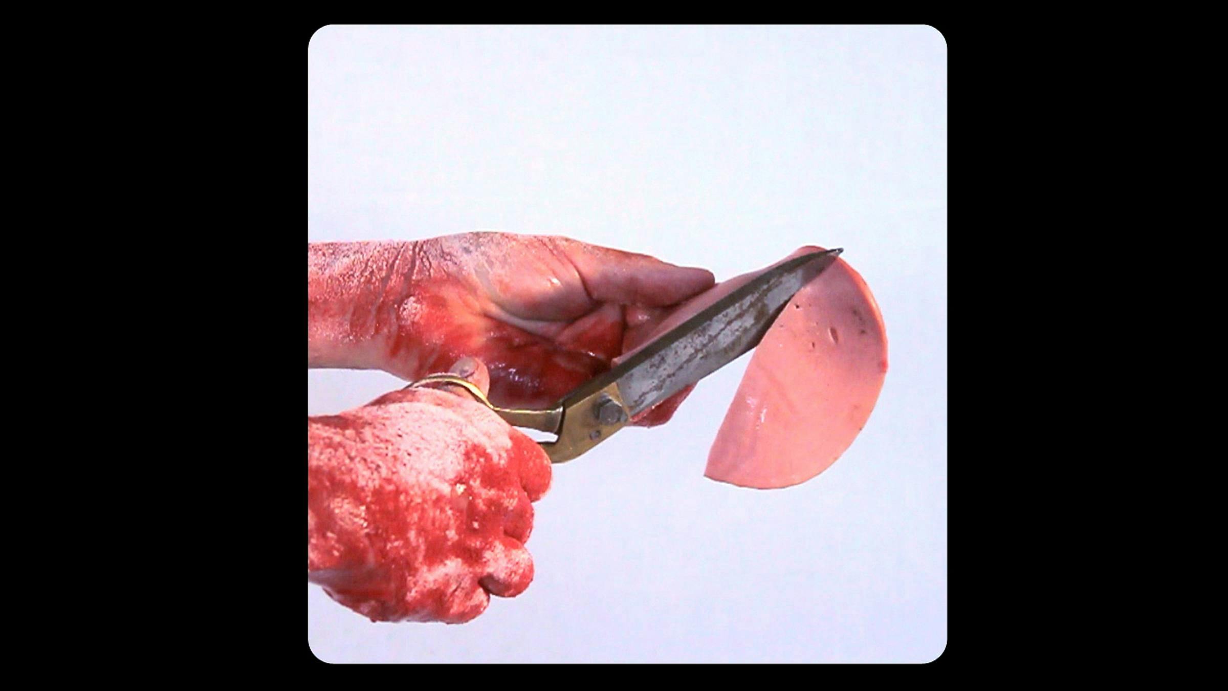 Two hands covered in red markings cut a piece of ham with some large metal scissors.