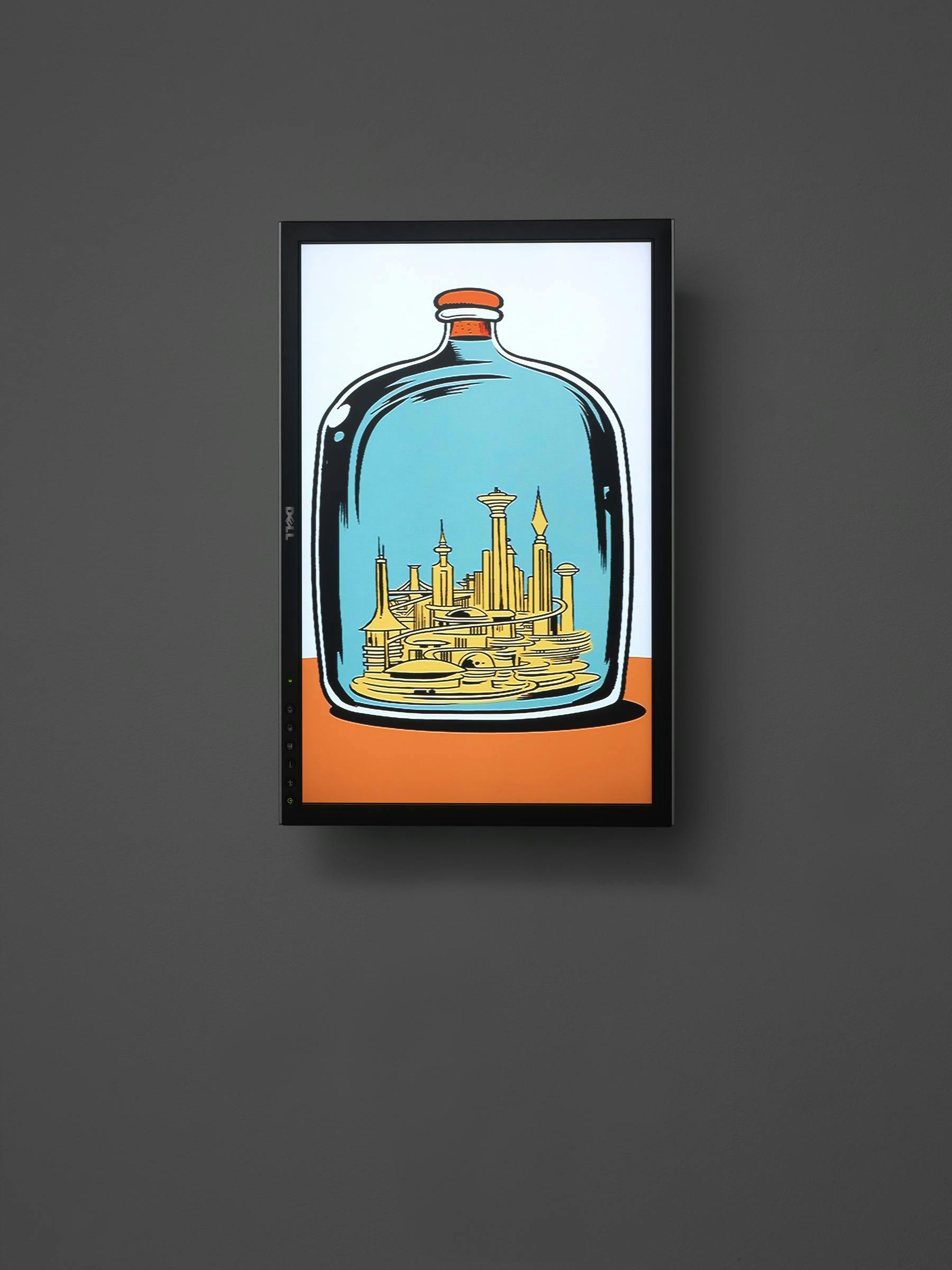 Image of a TV mounted on a grey wall. The TV shows a cartoon-like image of a blue bottle with yellow objects inside, set on an orange scape.