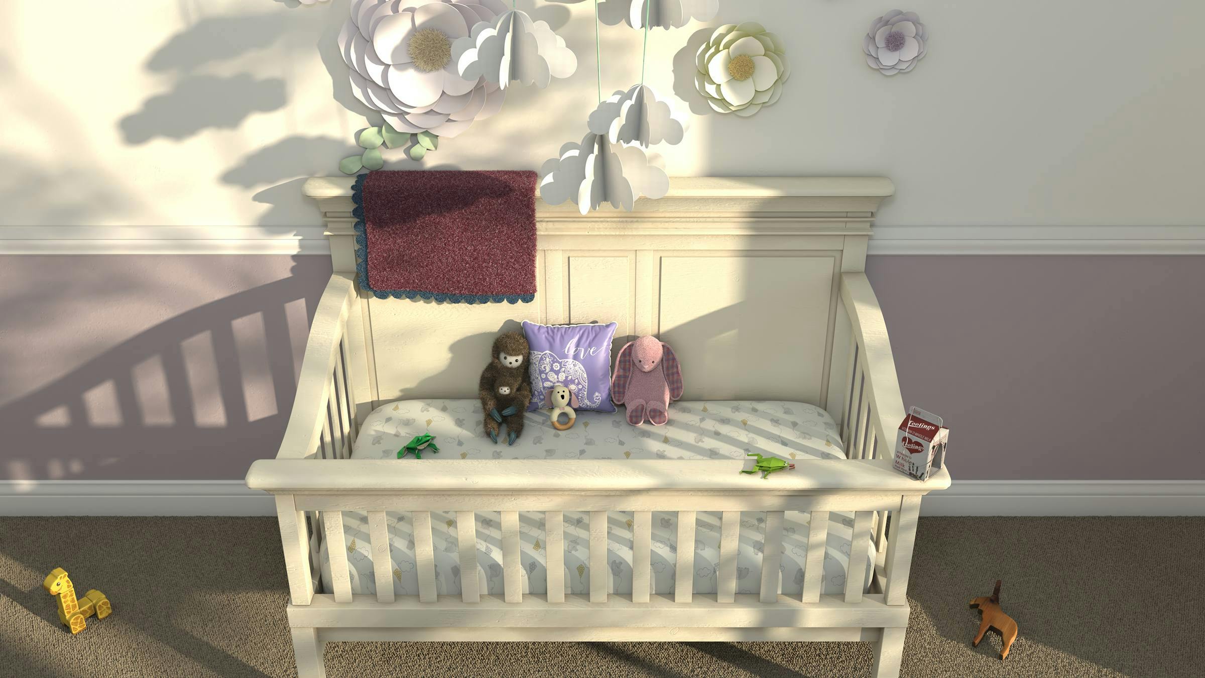 White baby cot with many toys placed inside and on the floor next to it.